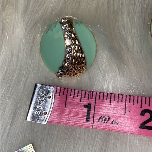 Mint Green Gold with Faux Paved Diamond Round Enamel Earrings with Post Backs - Picture 6 of 6